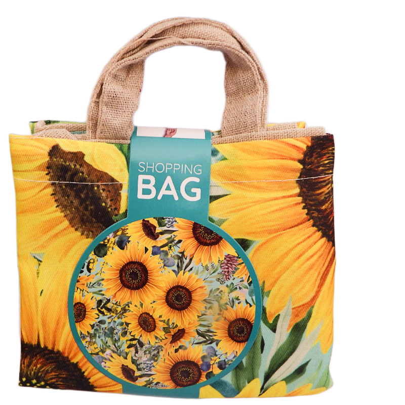Reusable shopping bag with sunflower design and 'Shopping Bag' label on a white background
