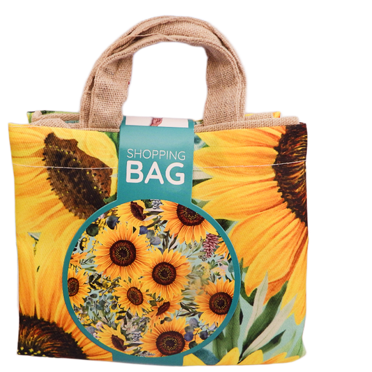 Reusable shopping bag with sunflower design and 'Shopping Bag' label on a white background