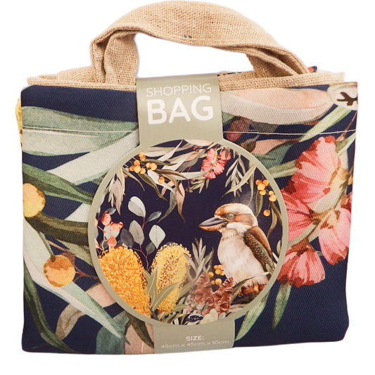 Floral and nature-themed bush kookaburra bird shopping bag with a tag on a white background