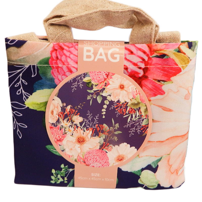 waratah Floral shopping bag with a burlap handle on a white background