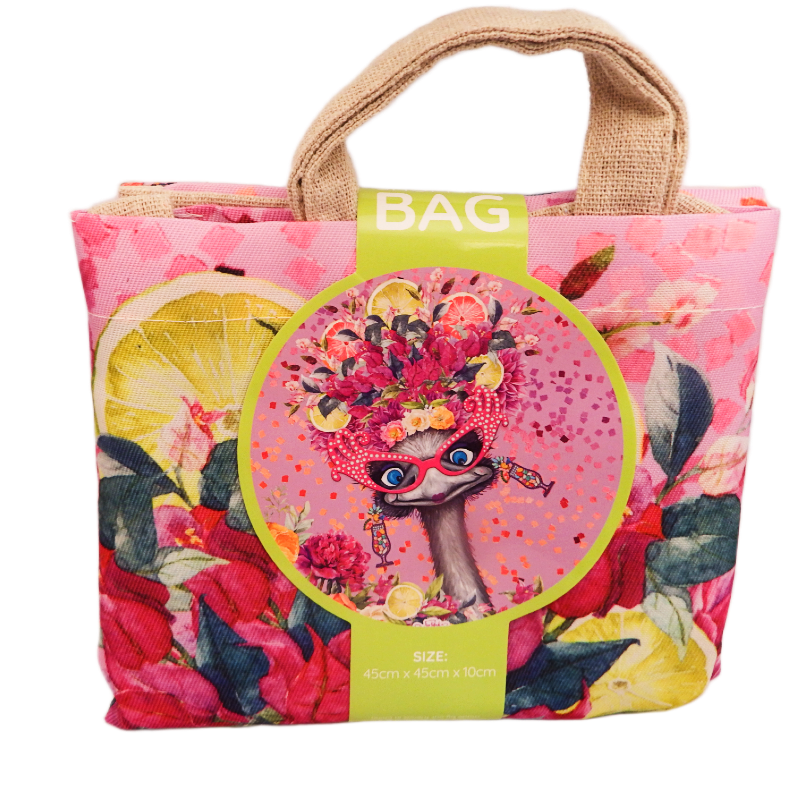 Floral-themed tote bag with a character design on a white background