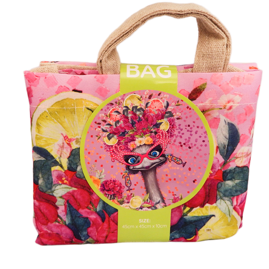 Floral-themed tote bag with a character design on a white background