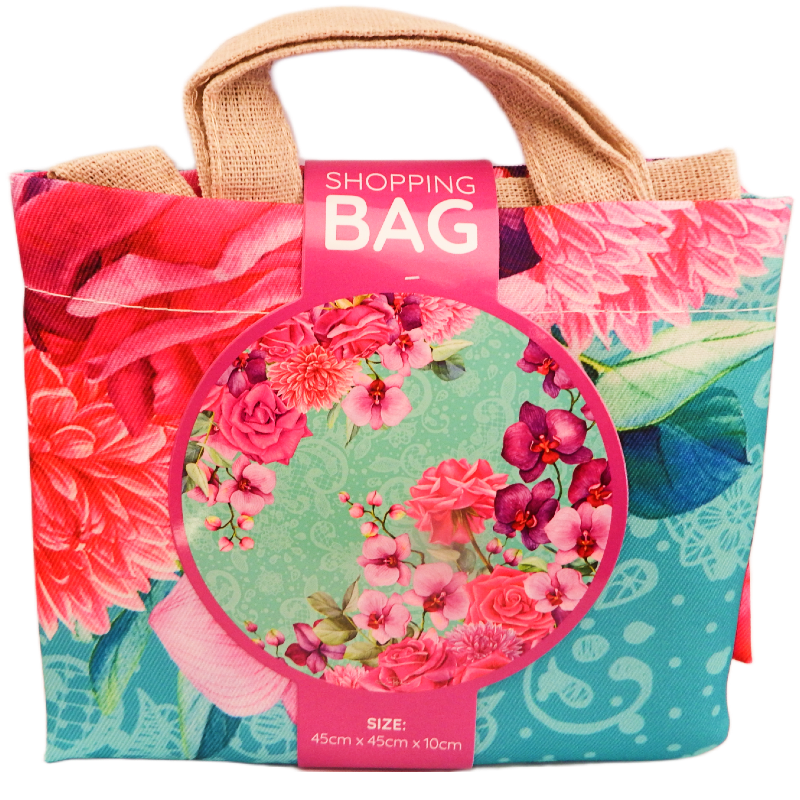 Floral shopping bag with a pink label on a white background