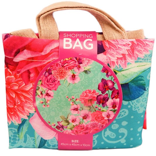Floral shopping bag with a pink label on a white background