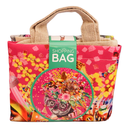 Colorful shopping bag with a sloth design and floral headband, featuring a visible brand tag.