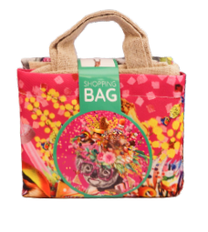 Colorful shopping bag with floral design and text on a white background