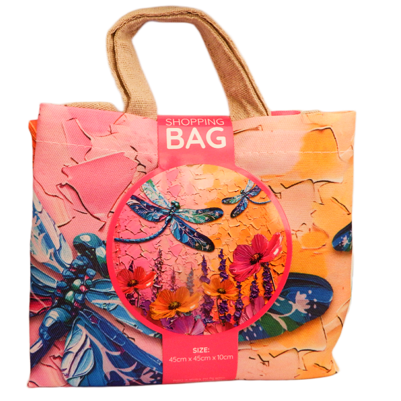 Colorful shopping bag with dragonfly design  on a white background