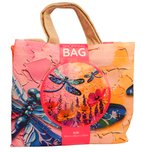 Colorful shopping bag with dragonfly design  on a white background