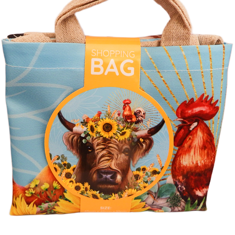 image shopping bag with image Scottish highland cow and sunflowers and a rooster
