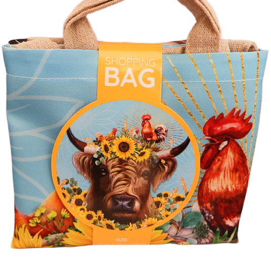 image shopping bag with image Scottish highland cow and sunflowers and a rooster