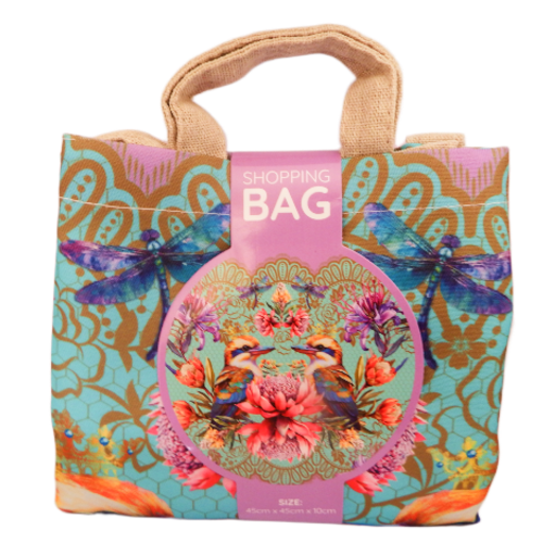 Colorful shopping bag with floral, dragonfly & kookaburra design on a white background