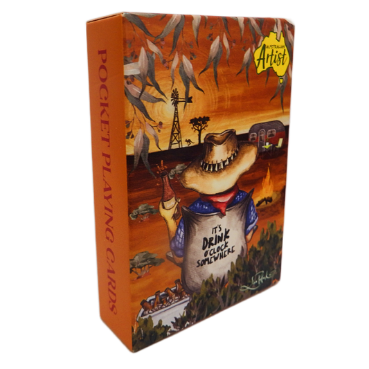 Card box with artistic design featuring a character and text, on an orange Outback Landscape background.