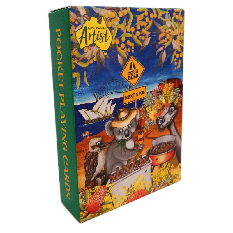 Box of Australian Artist pocket playing cards with koala and kangaroo design