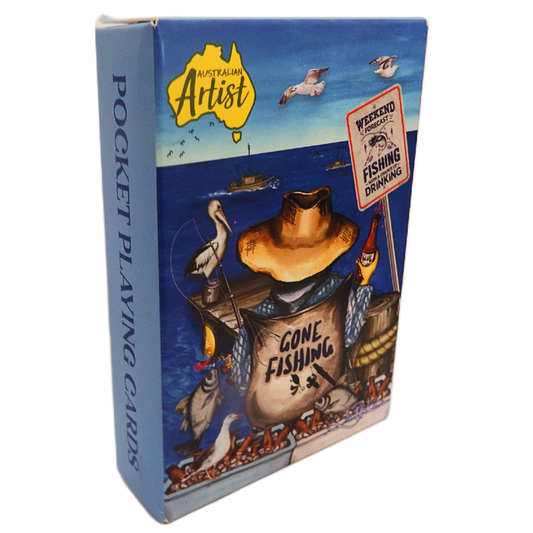 Pack of pocket playing cards with fishing theme and 'Gone Fishing' text on a blue background.
