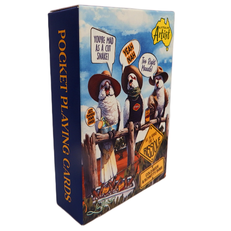 Box of pocket playing cards with cartoon parrots and humorous text on a blue background