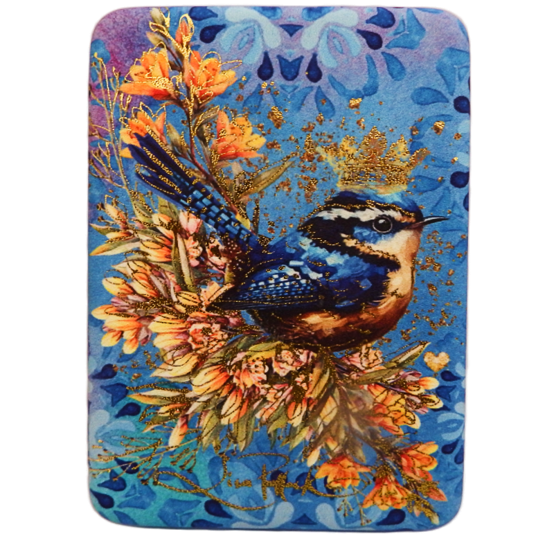Decorative mouse pad with a blue bird and floral design on a blue background