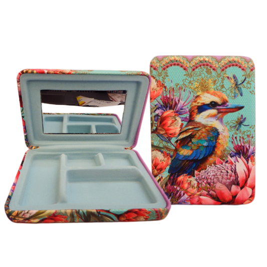 Colorful jewelry box with a bird design on a white background