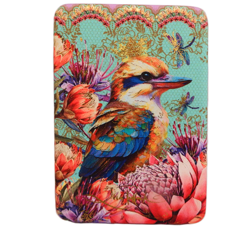 Colorful phone case with a kookaburra bird and floral design on a white background