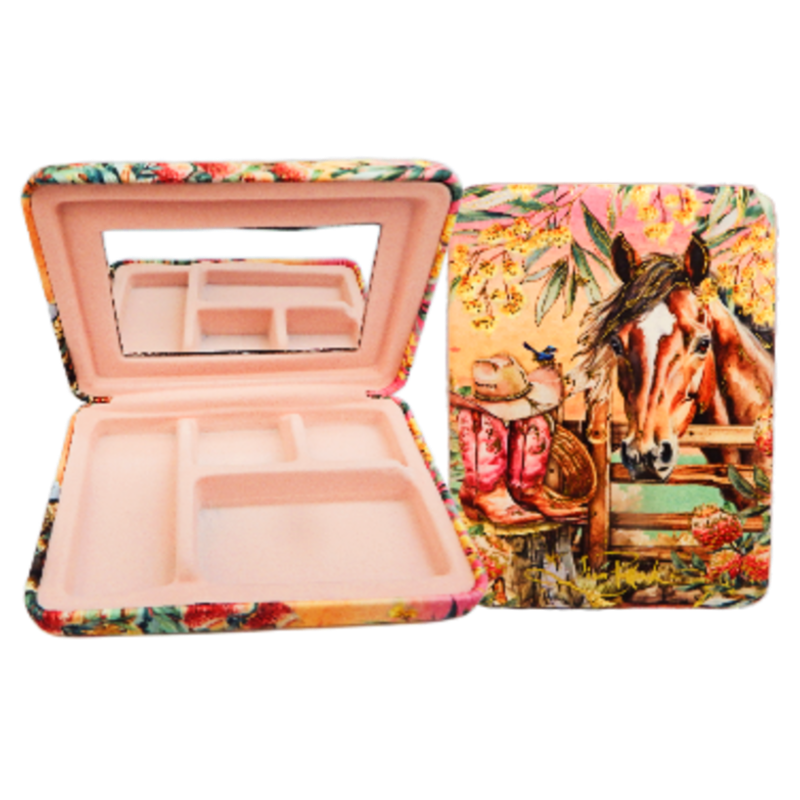 Makeup case with floral and horse design on a white background