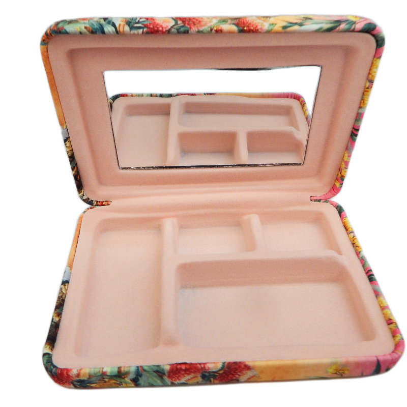Open jewelry box with floral lid and mirror on a white background