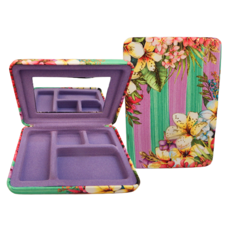 Floral jewelry box with open lid showing compartments on a white background