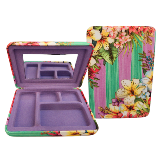 Floral jewelry box with open lid showing compartments on a white background