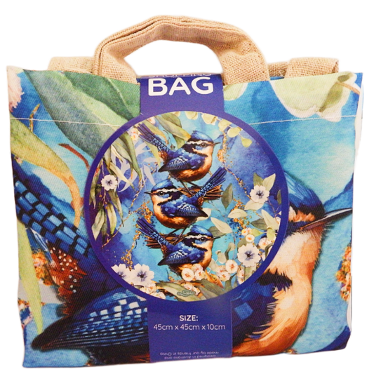 Colorful tote bag with blue wren bird design and size label on a white background