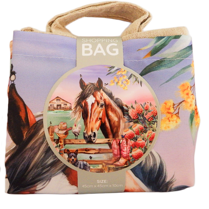 Reusable shopping bag with horse design and text on a white background