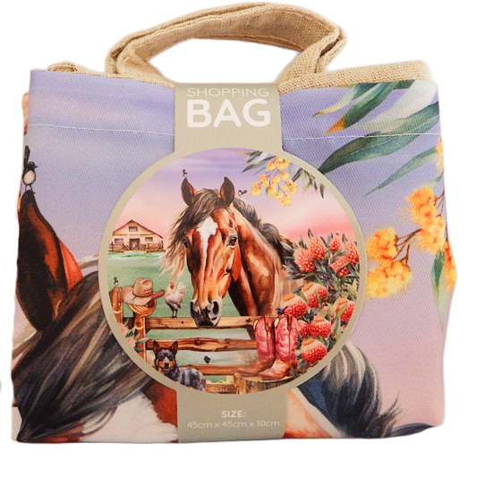 Reusable shopping bag with horse design and text on a white background