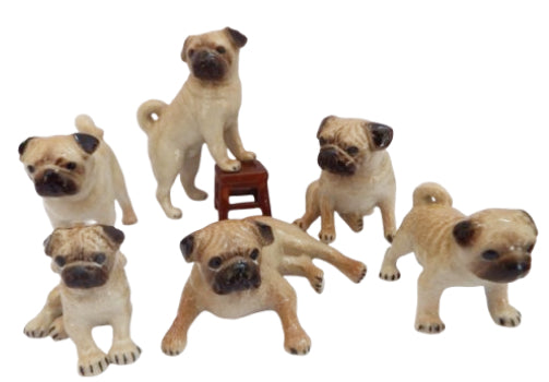 Pug Family 6 PC SET Ceramic Miniature Figurine