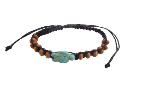 B579  Bracelet 12 wooden beads on cord  Turtle gem