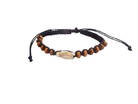 B579  Bracelet 12 wooden beads on cord  Turtle gem