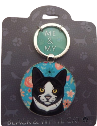 Me & My Pet Cat Keyring Black & White Cat Floral