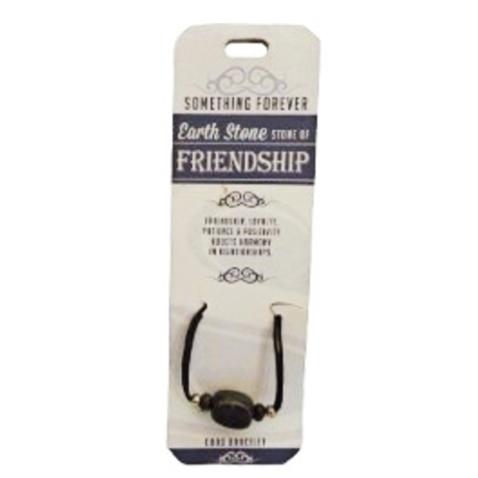 Packaged bracelet with 'Something Forever Earth Stone of Friendship' text on a white background