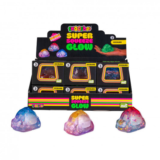 Iceberg-shaped squishy toy set with glowing purple, blue, and pink pieces