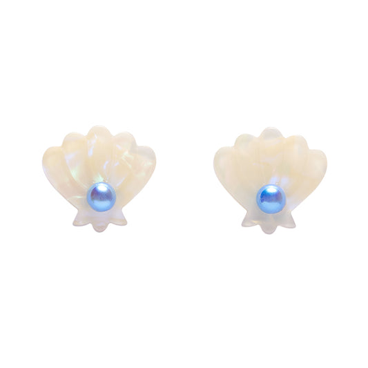 Shell-shaped earrings with a central blue gem on a white background