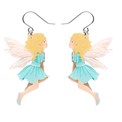 Erstwilder drop earrings  fairy with blonde hair and white wings on a white background