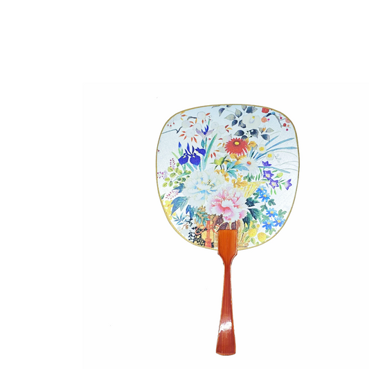 Large fan card with round floral garden illustration and wooden handle