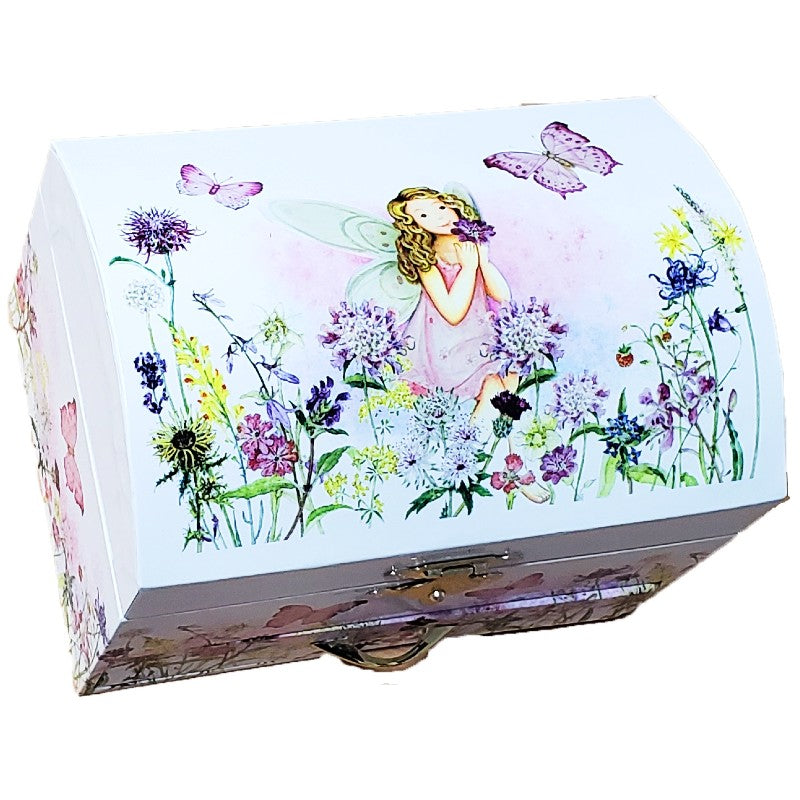 Decorative box with a fairy and floral design on a white background