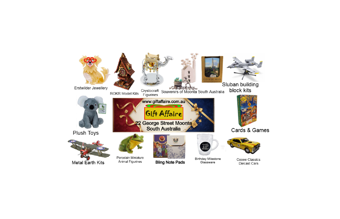 Gift Affaire 22 george street Moonta South Australia Shop Window Page Collection of various toys and products on a white background.