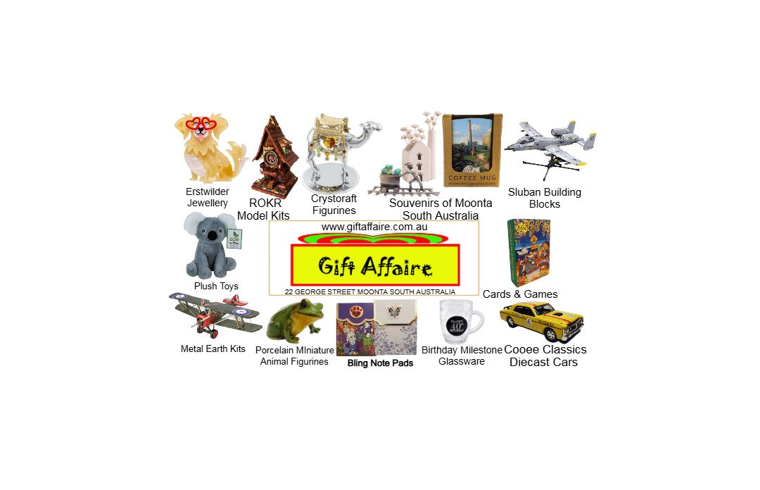 Promotional image of various toys and products with 'Gift Affaire' branding  22 George Street Moonta South Australia www.giftaffaire.com.au on a white background.