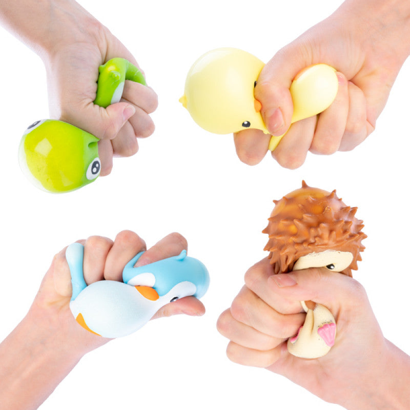Hands squeezing animal-themed stress relievers including a turtle, duck, penguin, and hedgehog.