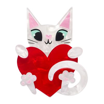 Cartoon cat holding a red heart on a white background