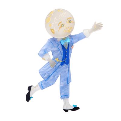 erstwilder brooch moonface a character in a blue suit with a white face on a white background