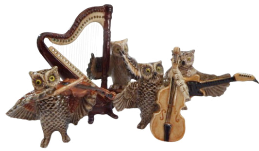 Owl Musicians 5 piece ceramic porcelain figurine set