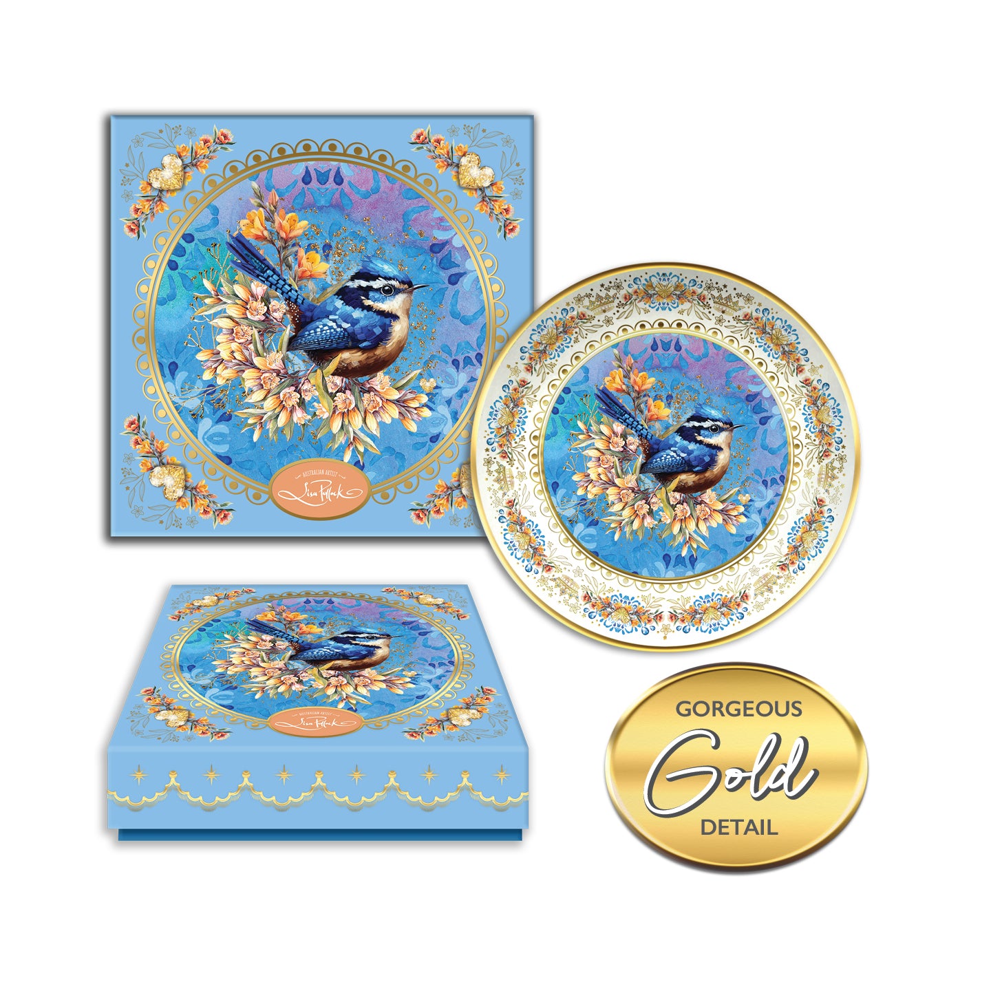 Decorative plate set with Royal Wren Blue Wren bird design and gold detailing on a white background