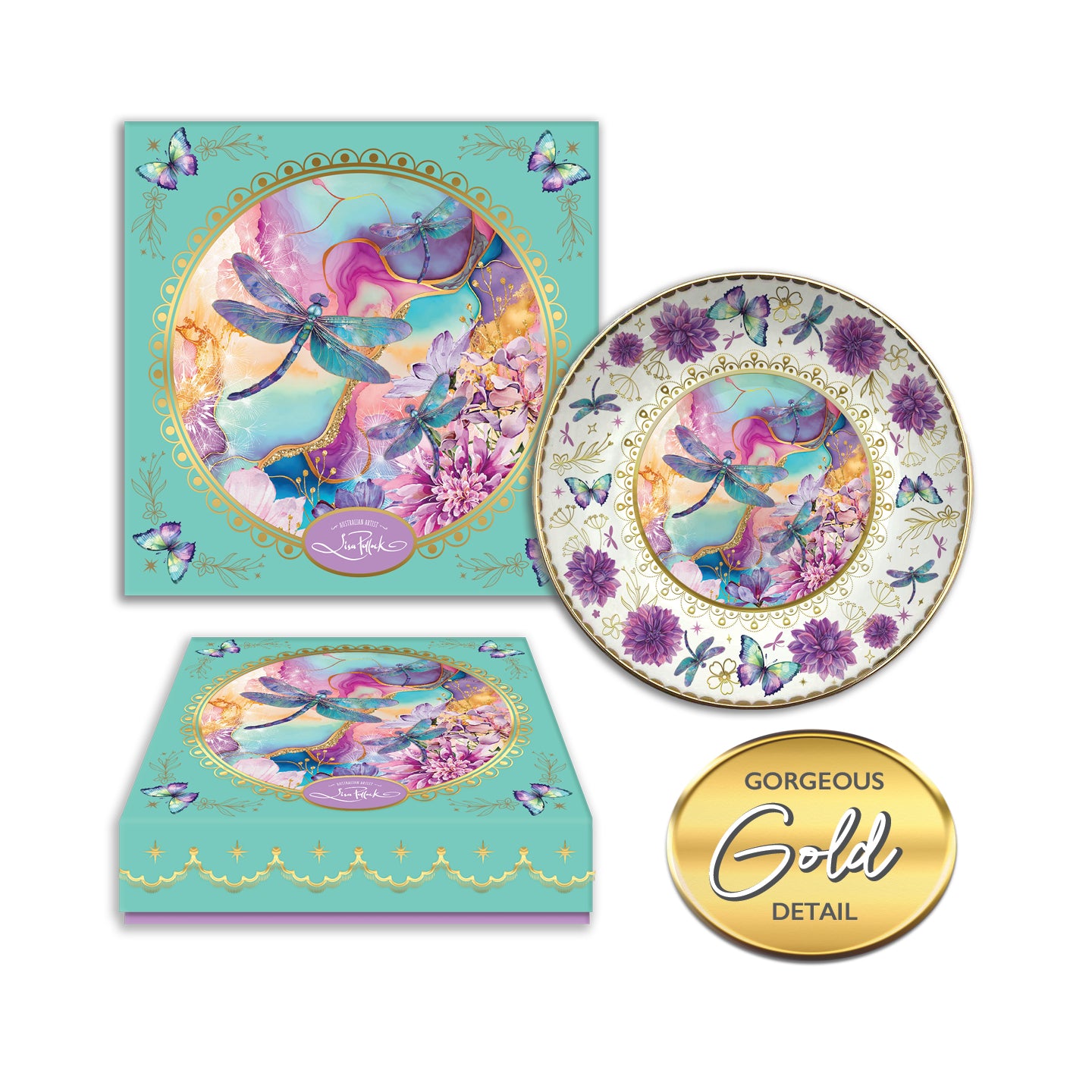 Decorative plate set with dragonflies and butterflies on a white background