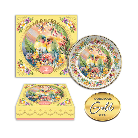 Decorative plate set with floral and love birds design, featuring a gold detail badge.