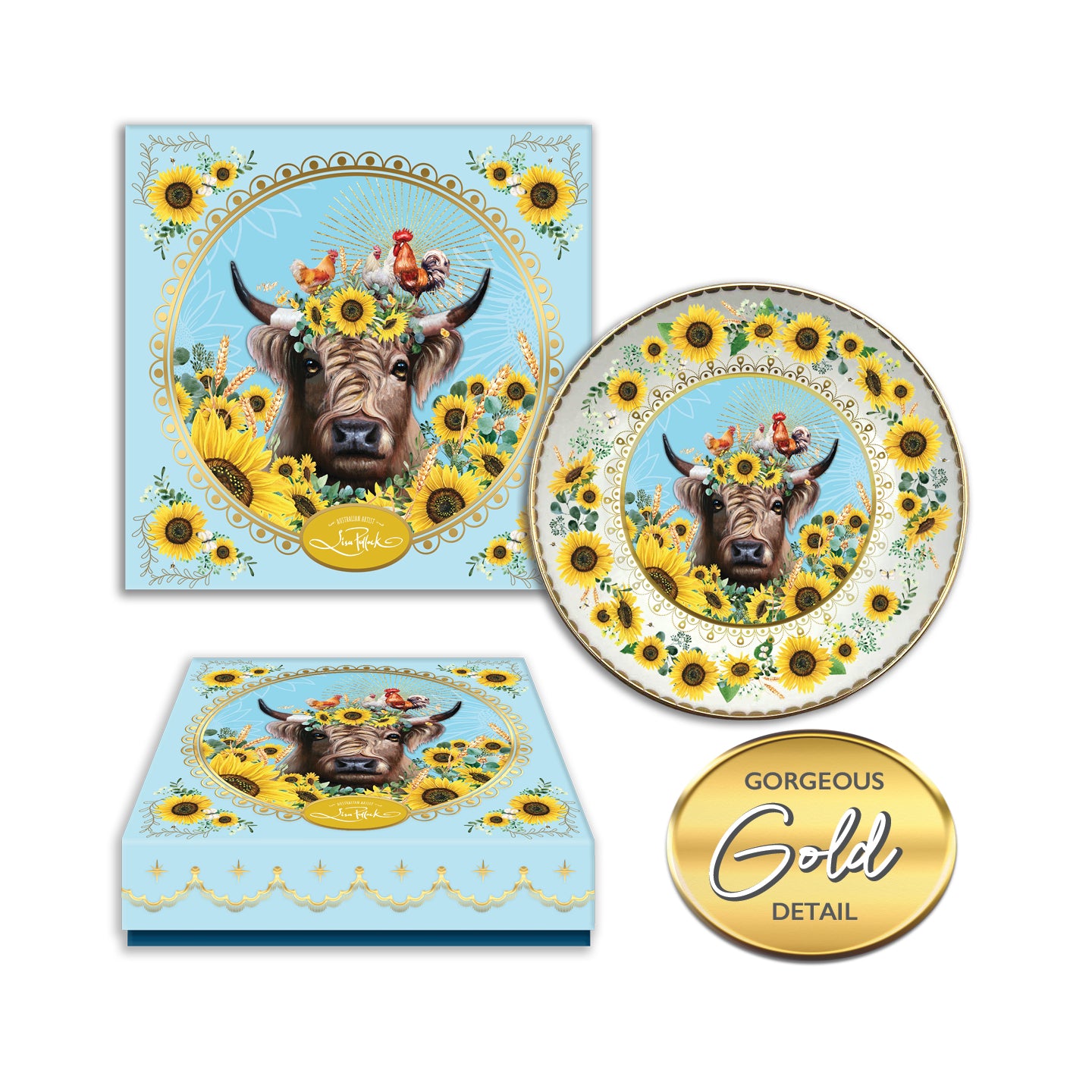 Decorative plate set with cow design, sunflowers, and gold details on a white background.