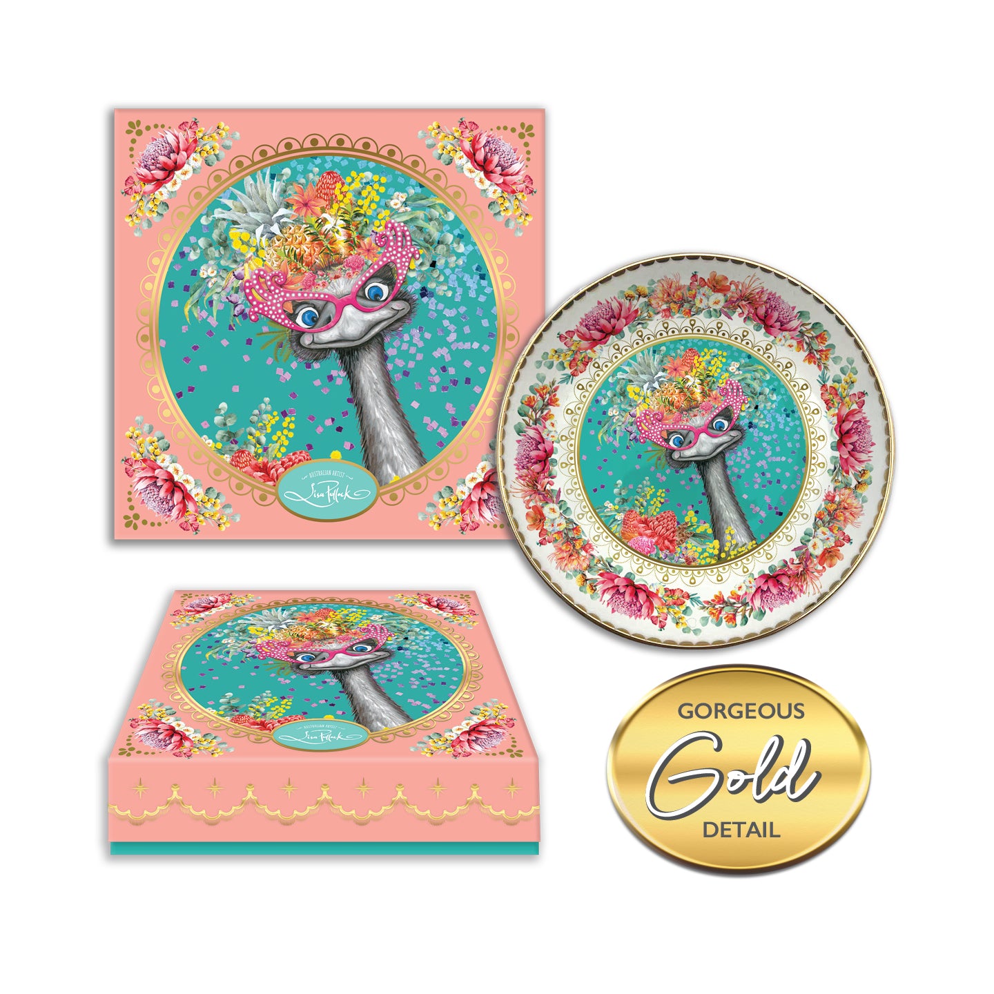 Decorative plate with Emu Bird With Glasses and floral head dress & floral design  around the rim of plate and g text saying Gorgeous Gold Detail, featuring a pink box with similar design.